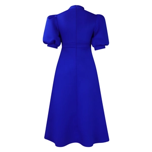 Detail showing the back invisible zipper and short puff sleeves of the blue party dress