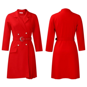 Detailed front and back view of red double-breasted blazer dress with pleated skirt