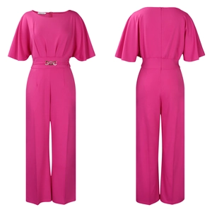 Detailed front and back view of rose red wide-leg jumpsuit with metal buckle belt