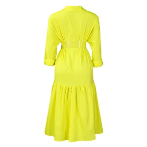 Detail view of neon yellow shirt dress back with pleated waist and transparent belt