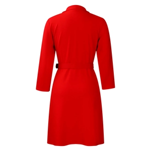 Back view of a vibrant red long sleeve blazer dress with a lapel collar and waist belt
