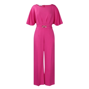 Detail of rose pink wide-leg jumpsuit with elegant round neck and metal waist buckle