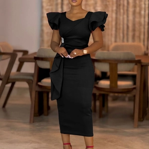 Detailed view of the elegant ruffle sleeves and ruched waist on a black pencil dress