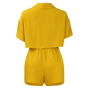 Back view of yellow high-waisted shorts and cropped short sleeve shirt set for women
