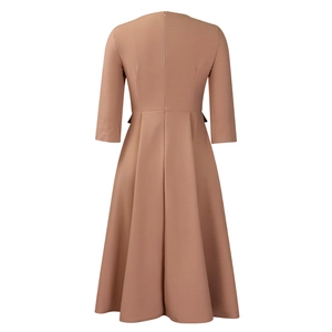 Detailed back view of a solid brown midi dress featuring pleated waist and 3/4 sleeves