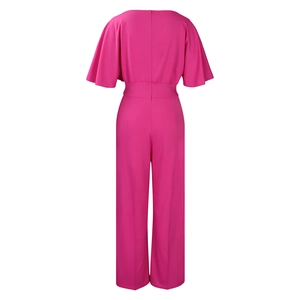 Back view of rose red high-waisted wide-leg jumpsuit with ruffle sleeves and long zipper