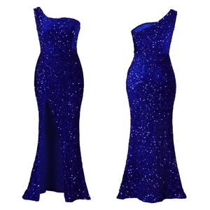 Detailed views of royal blue sequined one-shoulder maxi dress with high side slit detail