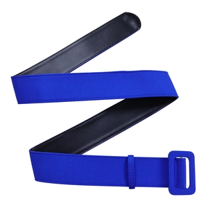 Vue détaillée de la ceinture élastique bleu roi avec boucle recouverte de tissu