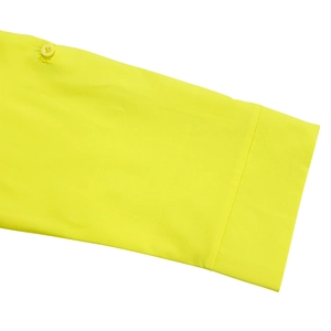Detail of neon green shirt dress sleeve with button tab and neat stitching craftsmanship