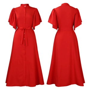 Detail of red maxi dress with puff sleeves, button-down front and adjustable waist tie