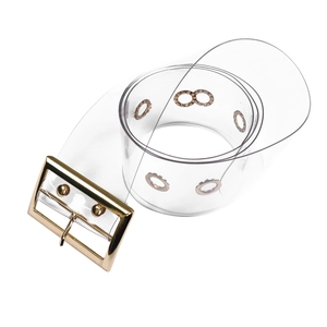 Detail view of transparent PVC waist belt with stylish square golden metal buckle