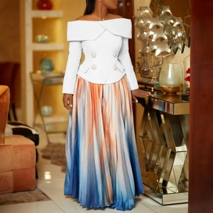 Detail of elegant off-shoulder white top with double-breasted buttons and pleated maxi skirt