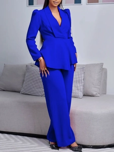 Elegant Peplum Long Sleeve Top And Wide Leg Pants Set For Women OL Style Solid Color Polyester Office Wear Top And Bottom