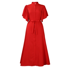 Detail of red flare sleeve dress showing single-breasted buttons and tied waist belt