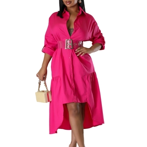 Detail of rose red shirt dress with high-low hem and stylish transparent waist belt
