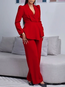 Elegant two-piece red suit set featuring ruffle hem blazer and wide-leg trousers for women