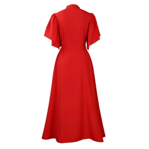 Back view of a red midi dress with ruffled cape sleeves and elegant waist belt detail