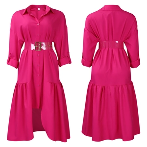Magenta button-down shirt dress featuring layered ruffles and clear PVC belt