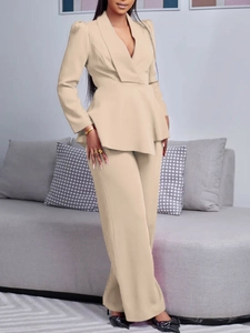 Elegant two-piece set featuring a ruffled long sleeve top and high-waist wide-leg pants