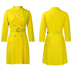 Detailed front and back view of a bright yellow pleated blazer dress with a metallic belt