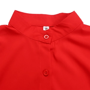 Detail view of the red standing collar dress featuring resin buttons and a size S label