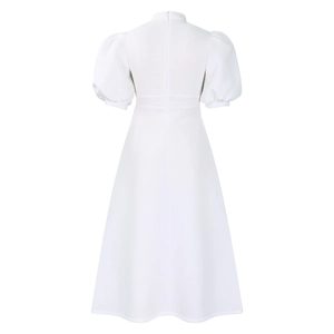Detail view of white puff sleeve dress featuring back zipper closure and a-line cut