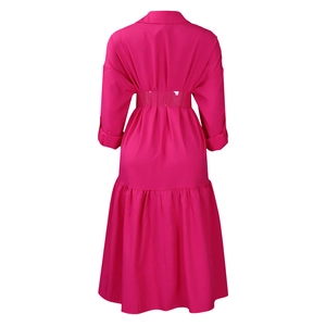 Detail view of high waist pleated rose red shirt dress with asymmetrical large swing hem