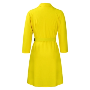 Rear view of yellow pleated waist blazer dress with mid-length sleeves and matching belt