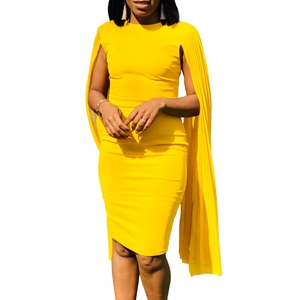 Detailed view of pleated cape sleeves on a bright yellow slim fit party evening dress
