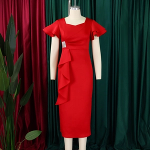 Detail of red square neck dress with ruffled sleeves and sparkling crystal buckle accent