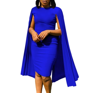 Close-up of royal blue evening dress featuring pleated cape sleeves and a round neck