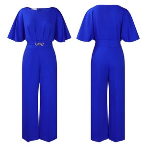 Detail of royal blue jumpsuit featuring stylish wide legs and a golden chain belt detail