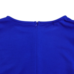 Detail of the back neckline and hidden zipper on the dark blue pleated evening dress