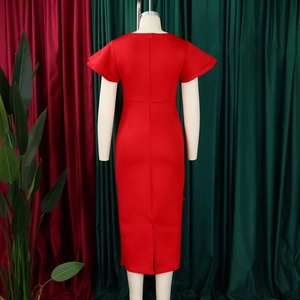 Detailed back view of red bodycon dress with ruffle sleeves and invisible zipper closure