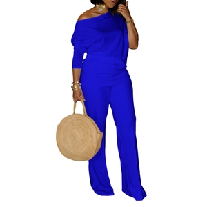 Dunkelblaues Schulterfreies Oberteil und Weite Hose Set mit Gewebter Tasche