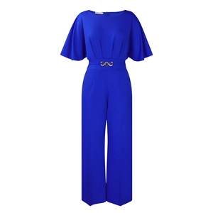 Detail of royal blue wide-leg jumpsuit featuring high waist belt and flare sleeves