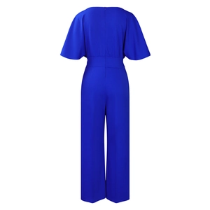 Rear view of royal blue wide-leg jumpsuit showing back invisible zipper and waist detail