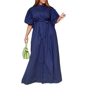 Detail of navy blue flare sleeve maxi dress with button-front and belted waist