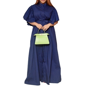 Close-up of navy blue long maxi dress featuring balloon sleeves and waist tie belt