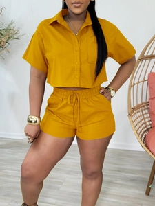Mustard yellow two-piece set with button-down short sleeve shirt and drawstring shorts