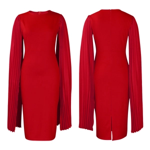 Detailed views of red party dress with dramatic pleated cape sleeves and back zipper