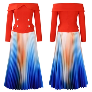 Detail of off-shoulder neckline with pearl buttons and gradient pleated maxi skirt