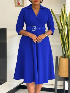 Damen Plus Size Einfarbig V-Ausschnitt 3/4 Ärmel A-Linie Midi Kleid Mit Gürtel Elegant Büro Dame Pendler Casual Party Kleid