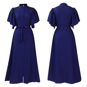 Detail view of navy blue long dress featuring flared sleeves and a button-down front waist belt