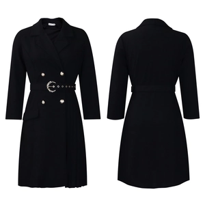 Front and back view of a slim fit black blazer dress with double-breasted buttons and belt