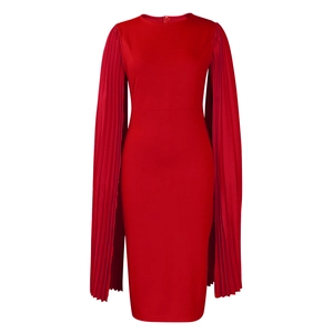 Detail showing elegant pleated cape sleeves and round neck of a red cocktail party dress