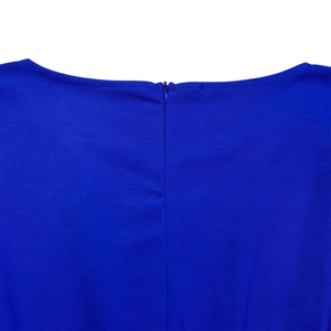 Detail of royal blue jumpsuit showing the back neckline with a hidden zipper closure