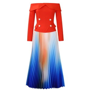 Detail of off-shoulder dress with pearl buttons and pleated gradient long skirt
