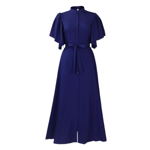 Deep blue long dress detail showing mandarine collar and row of front buttons with belt