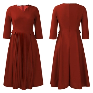 Front and back view of dark red pleated dress with 3/4 sleeves and a round V-neckline